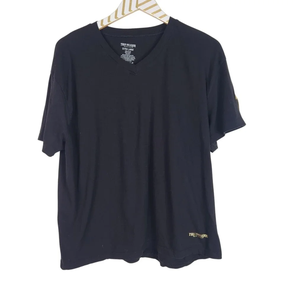 TRUE RELIGION Shirt Mens XL Black Gold Logo V Neck Short Sleeve Tee Top